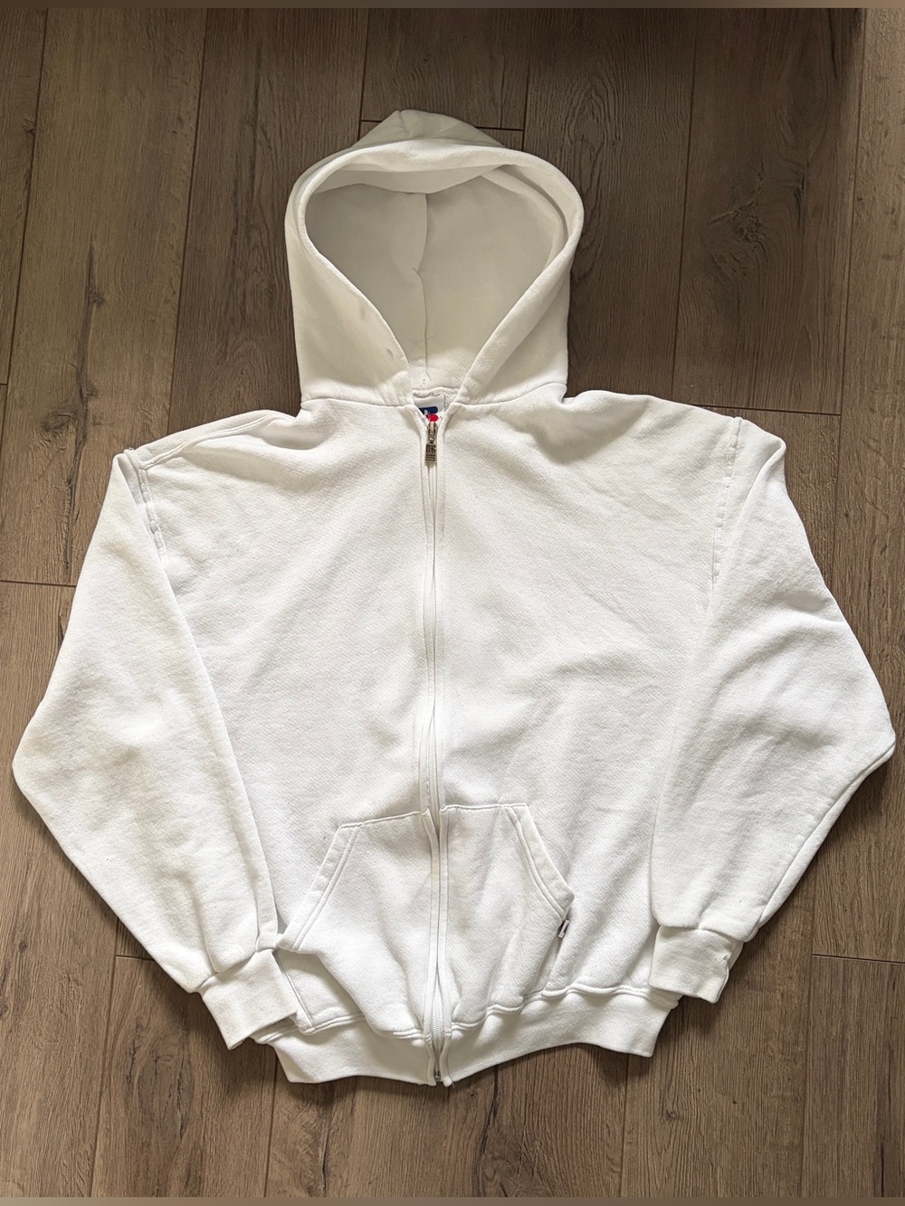 Vintage 90s Y2K Russell Athletic White Zip Hoodie with Metal Zipper Large